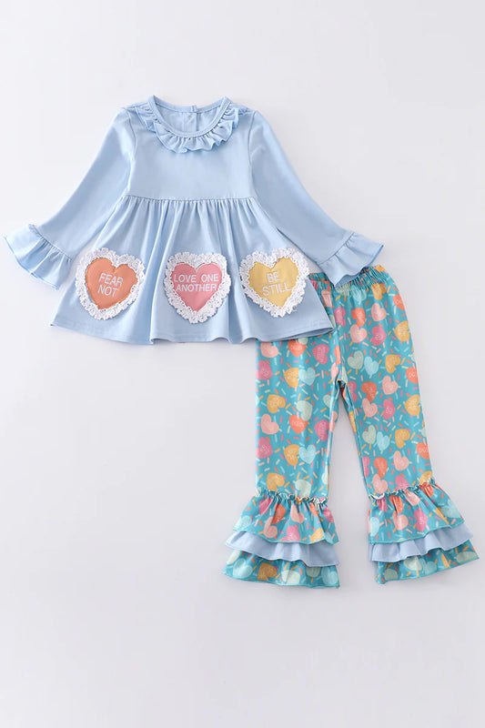 Girls Blue Valentine's Day Heart Applique Set