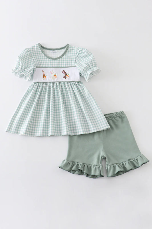 Girls Green Plaid Bunny Embroidery Set
