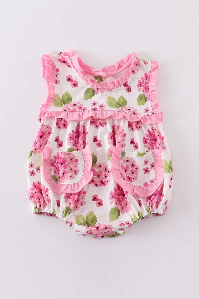 Girls Pink Floral Print Ruffle Bubble