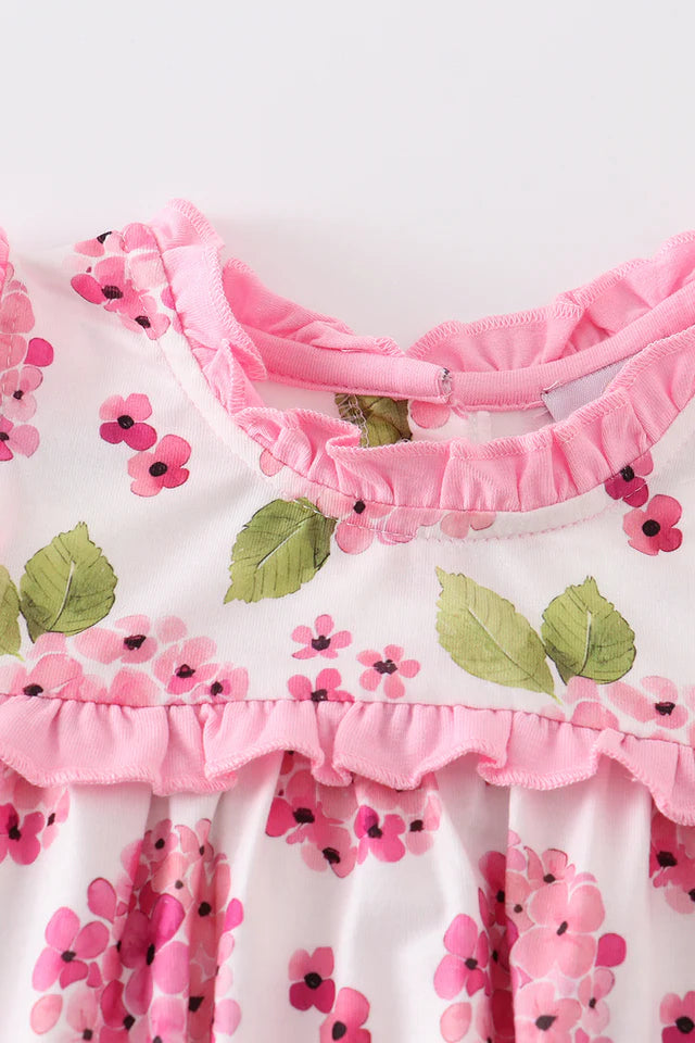 Girls Pink Floral Print Ruffle Bubble