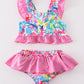 Girls Pink Floral Print Smocked 2PC Ruffle Swimsuit