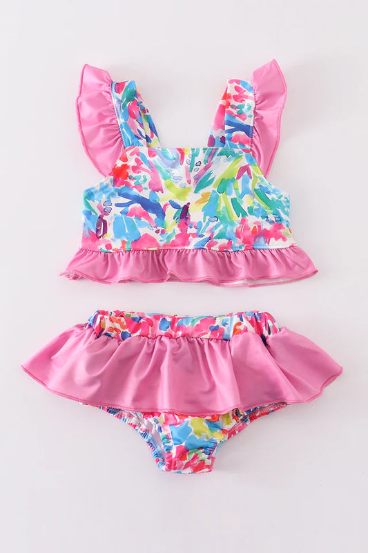 Girls Pink Floral Print Smocked 2PC Ruffle Swimsuit