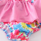 Girls Pink Floral Print Smocked 2PC Ruffle Swimsuit