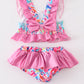 Girls Pink Floral Print Smocked 2PC Ruffle Swimsuit