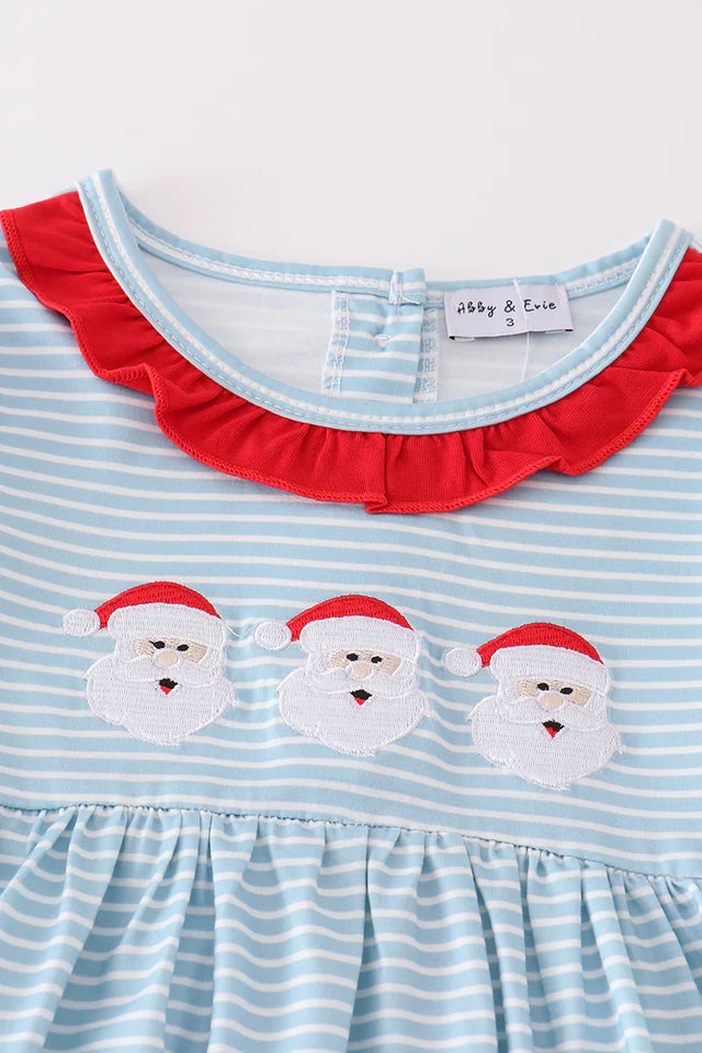 Girls Blue Stripe Christmas Santa Embroidery Set