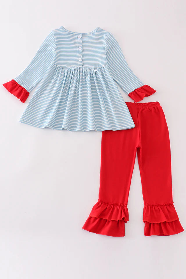 Girls Blue Stripe Christmas Santa Embroidery Set