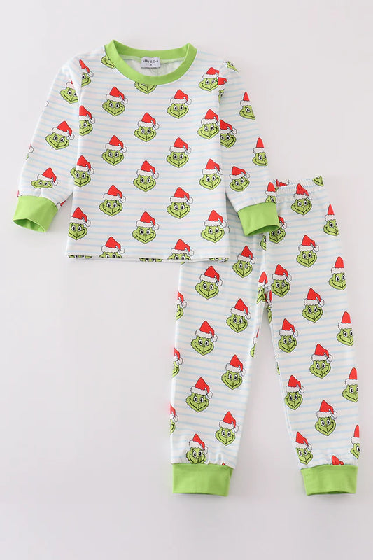 Youth Green Stripe Christmas Grinch Unisex Pajama Set