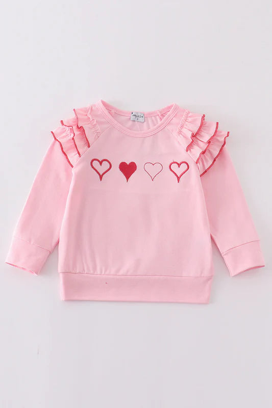 Girls Pink Valentine Four Hearts Embroidery Top