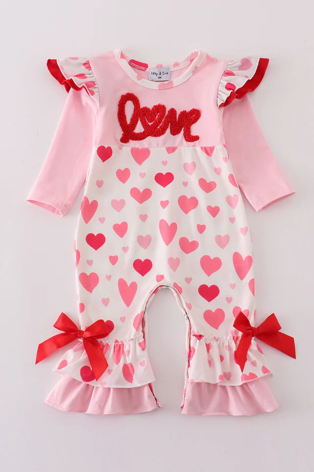 Girls Pink Love French Knot Romper