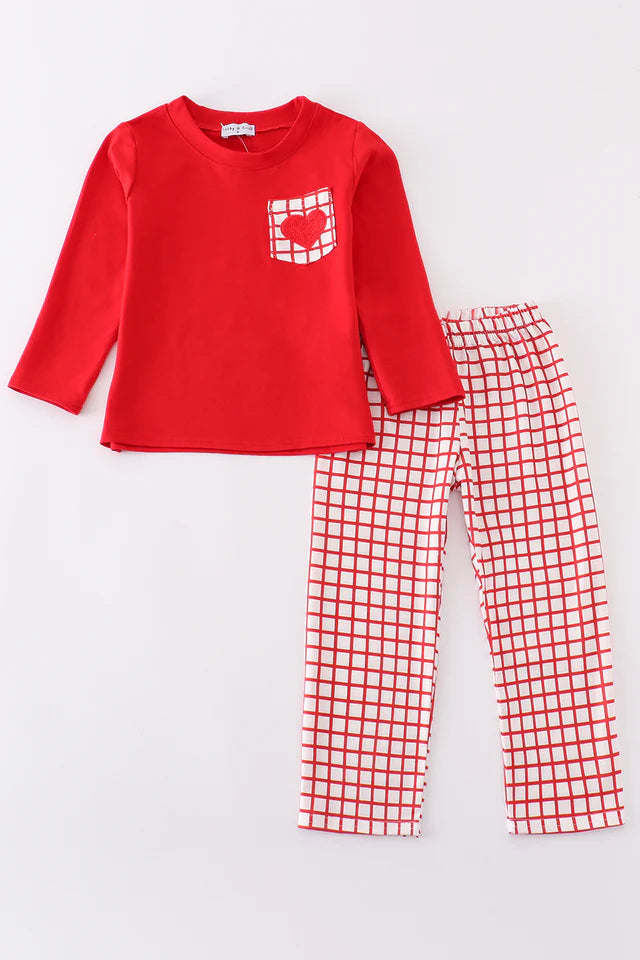 Boys Red Grid Valentine's Day Heart Embroidery Set