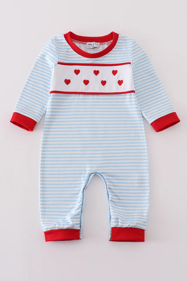 Boys Blue Stripe Heart Embroidery Romper