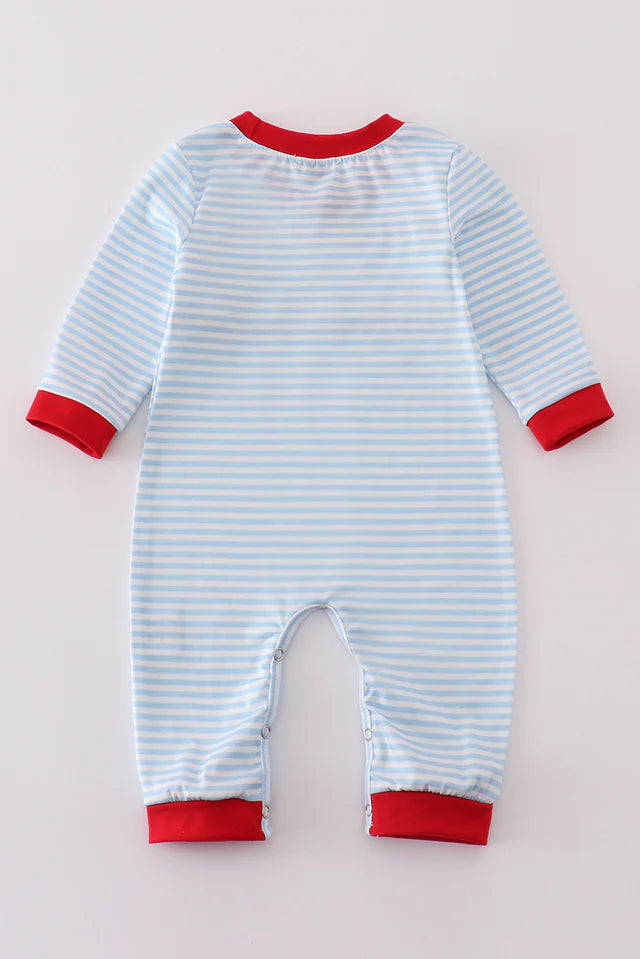 Boys Blue Stripe Heart Embroidery Romper