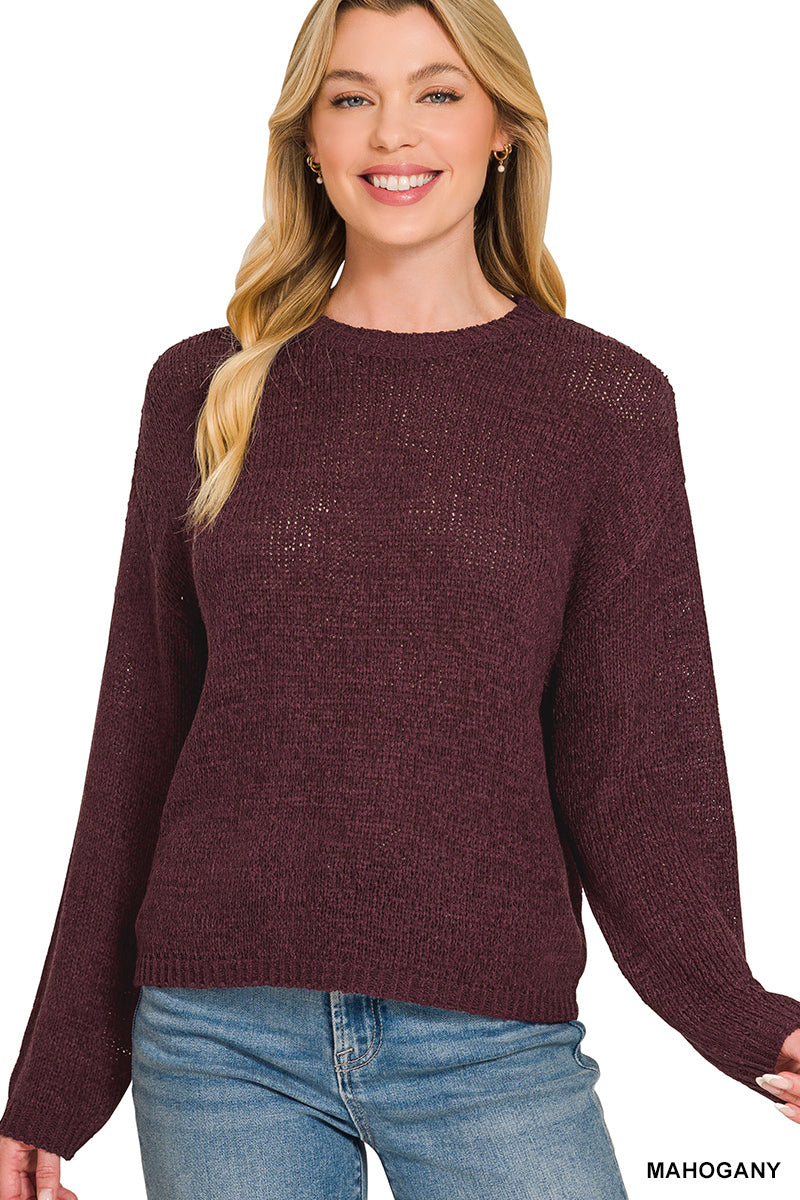 Womens Zenana Mahogany Light Weight Round Neck Sweater