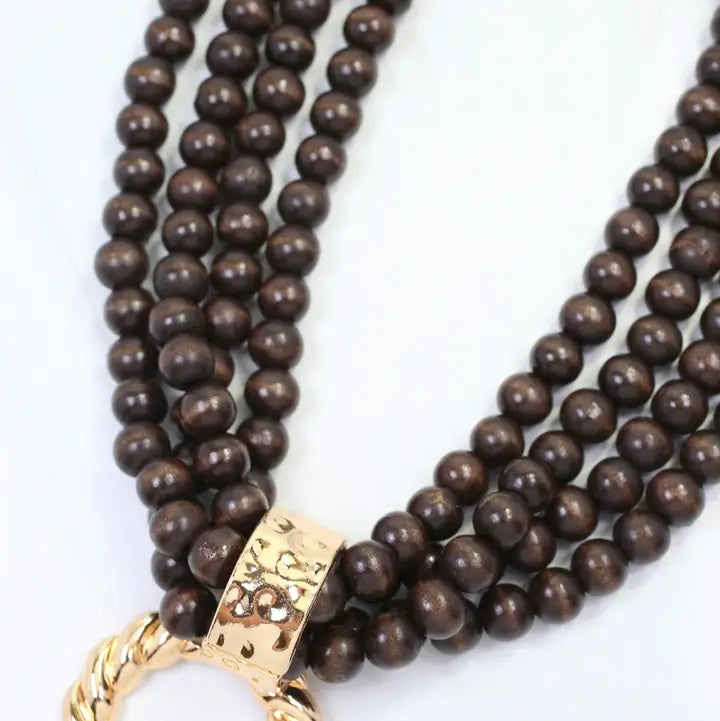 Caroline Hill Margaux Wooden Bead Layered Necklace with Pendant Dark Brown