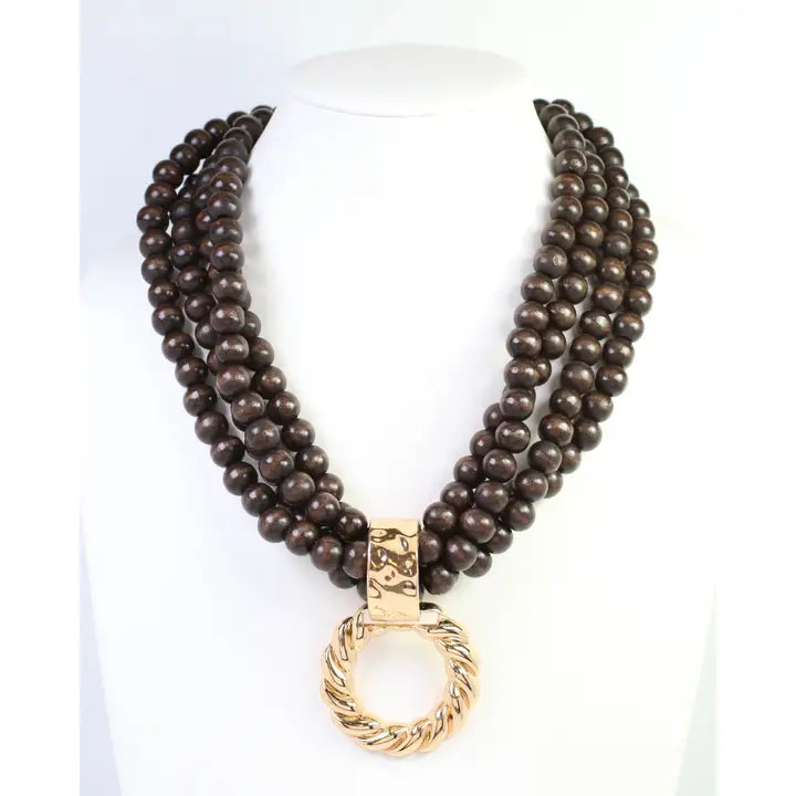 Caroline Hill Margaux Wooden Bead Layered Necklace with Pendant Dark Brown