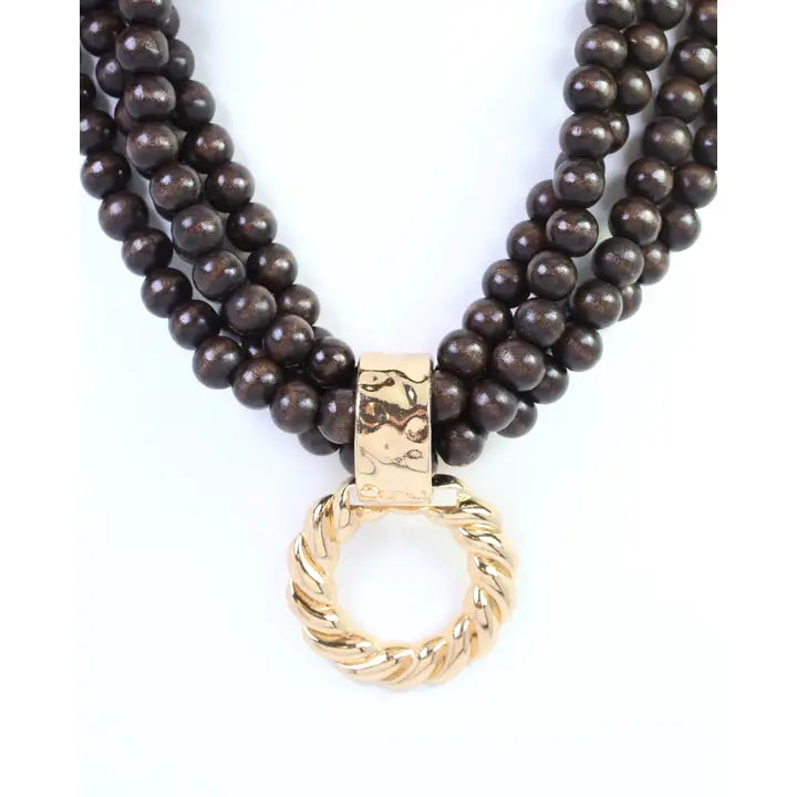 Caroline Hill Margaux Wooden Bead Layered Necklace with Pendant Dark Brown