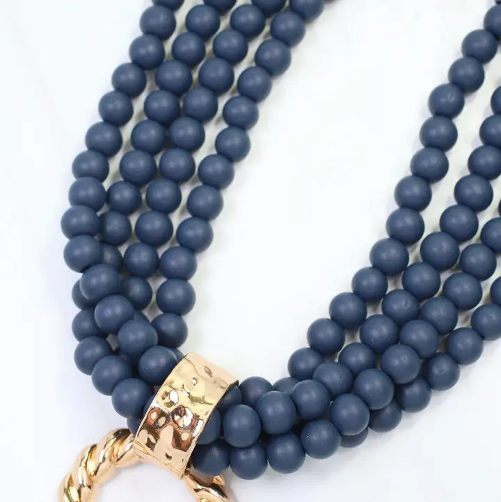 Caroline Hill Margaux Wooden Bead Layered Necklace with Pendant Navy