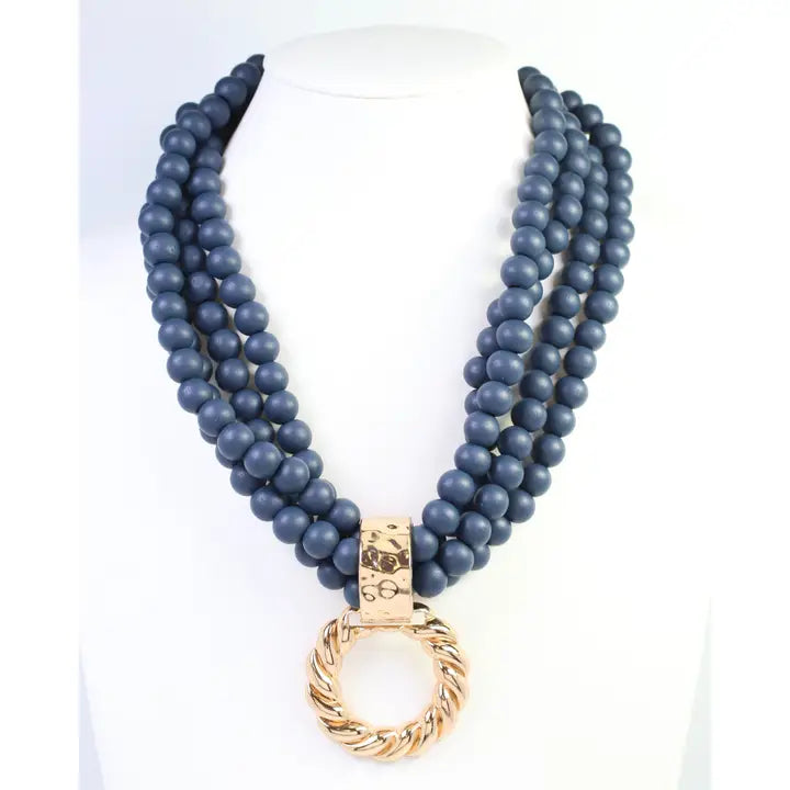 Caroline Hill Margaux Wooden Bead Layered Necklace with Pendant Navy