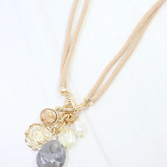 Caroline Hill Maritza Coin and Stone Cord Necklace Natural