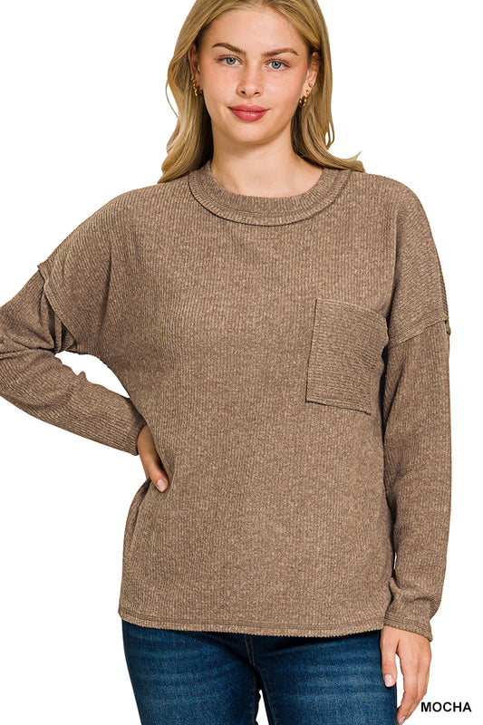 Womens Zenana Mocha Ribbed Brushed Melange Hacci Sweater With Pocket