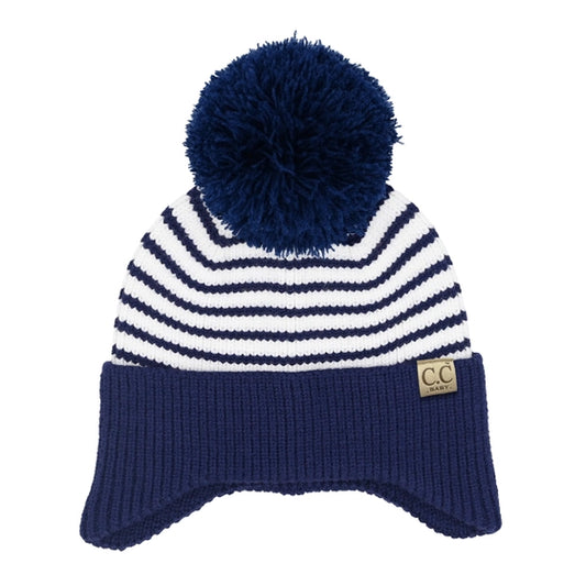 C.C Baby Stripe Earflap Yarn Pom Beanie Navy