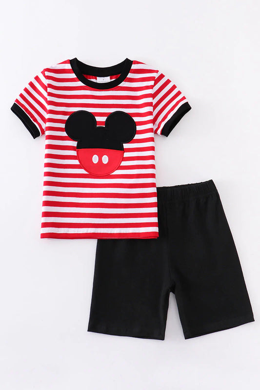Boys Red Stripe Mickey Applique Shorts Set