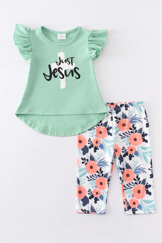 Girls Green "Just Jesus" Floral Print Set