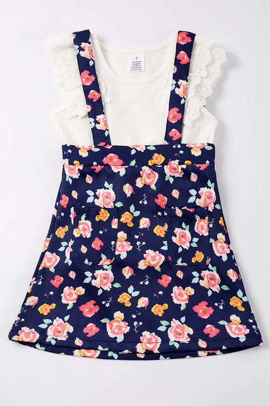 Girls Navy Floral Print Strap Dress Set