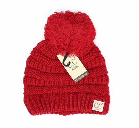 Kids C.C Solid Beanie With Knit Pom Red