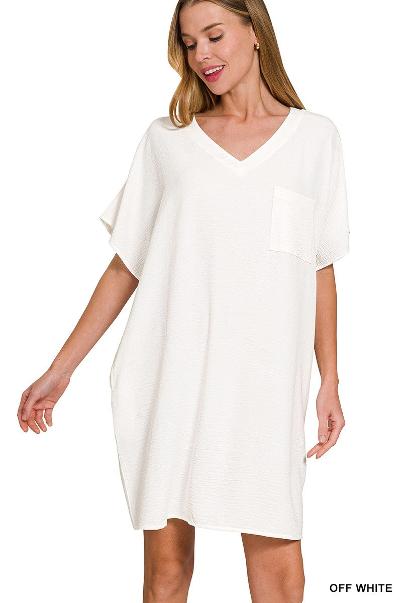 Womens Zenana Off White Woven Airflow V Neck T Shirt Dress With Pockets