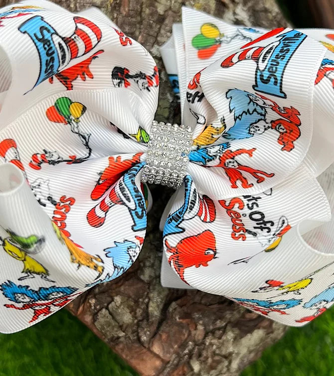 7.5" Hats Off Printed Double Layer Hair Bow With Rhinestone