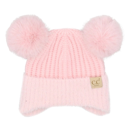 C.C Baby Fur Earflap Double Pom Beanie Pink