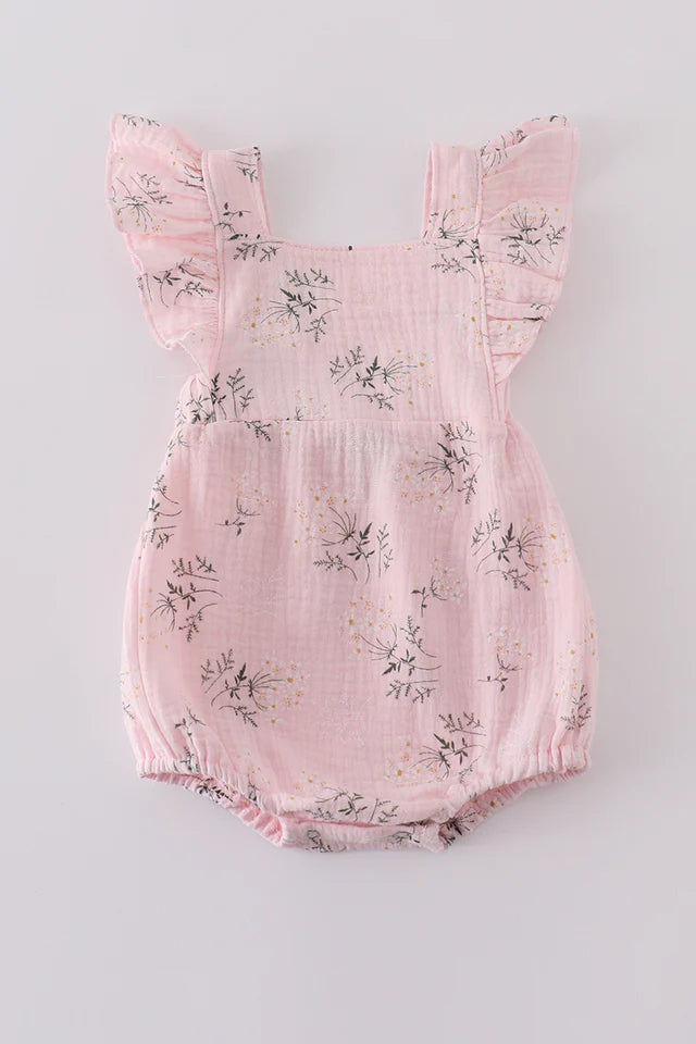 Girls Pink Floral Print Muslin Ruffle Bubble