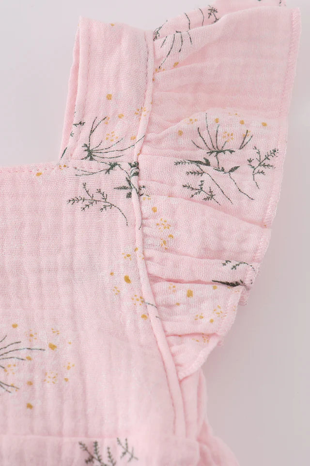 Girls Pink Floral Print Muslin Ruffle Bubble