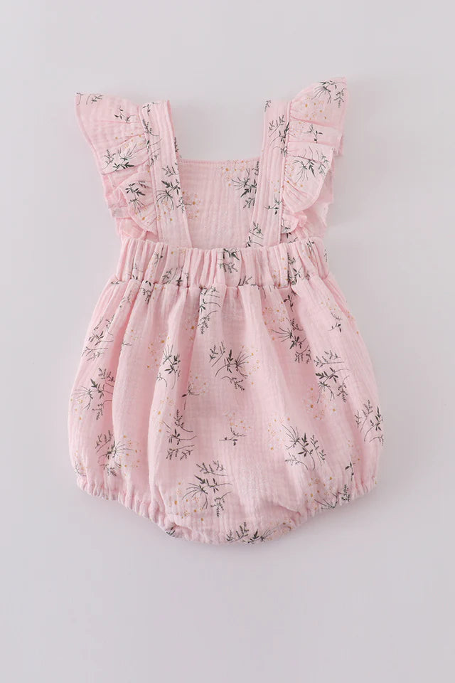 Girls Pink Floral Print Muslin Ruffle Bubble