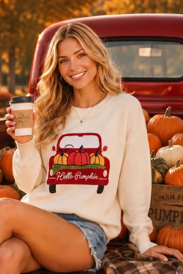 Womens Main Strip White Pumpkin Truck Embroidered Patchwork Sweater Knit Top
