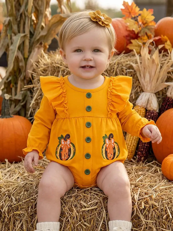 Girls Pumpkin Applique Baby Bodysuit with Snaps