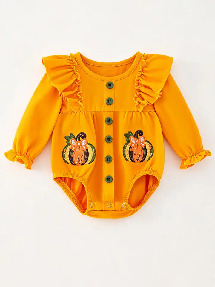 Girls Pumpkin Applique Baby Bodysuit with Snaps