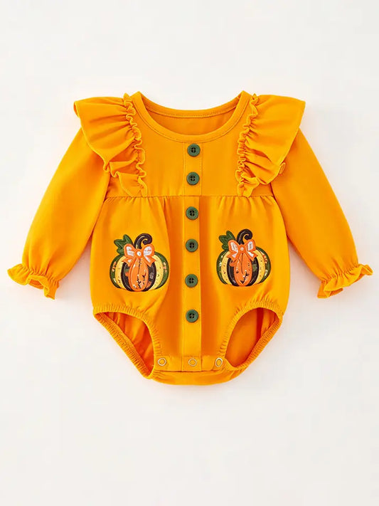 Girls Pumpkin Applique Baby Bodysuit with Snaps