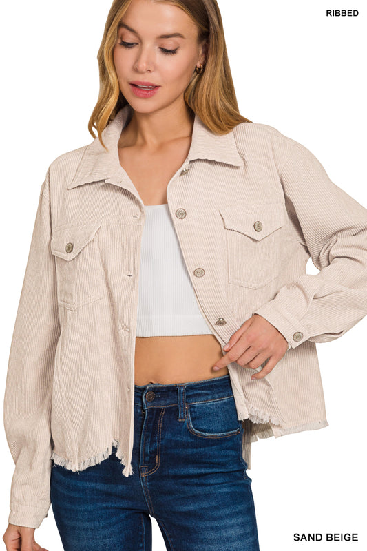 Womens Zenana Sand Beige Distressed Corduroy Frayed Hem Cropped Jacket