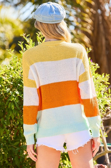Womens Main Strip Multi Round Neck Color Block Oversize Sweater