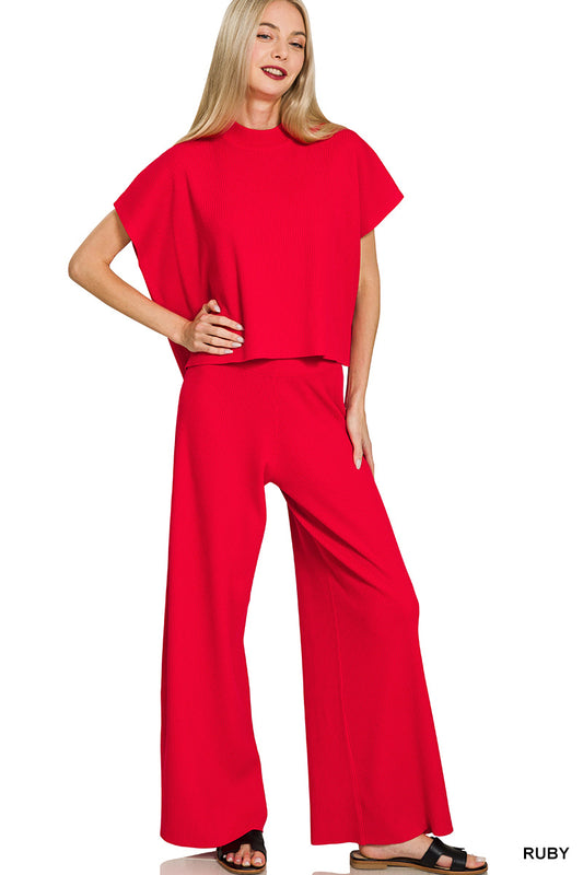 Womens Zenana Ruby Viscose Sweater Short Sleeve Top & Pants 2pc Set