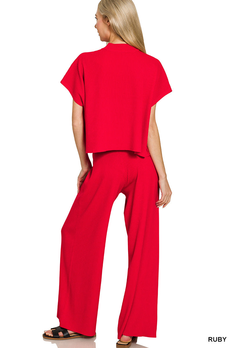 Womens Zenana Ruby Viscose Sweater Short Sleeve Top & Pants 2pc Set