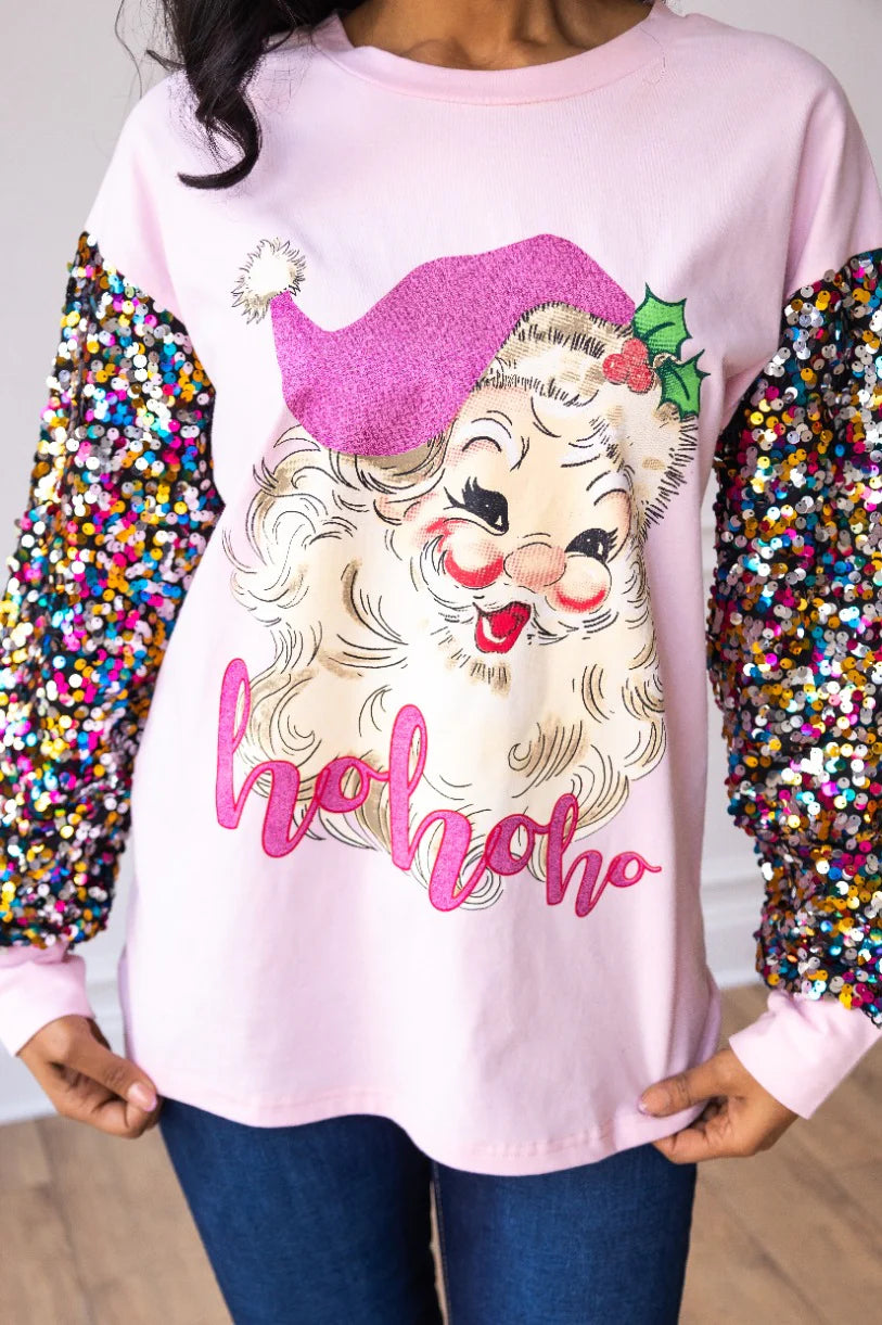 Womens Santa on Pink Sweatshirt with Sequin Sleeves