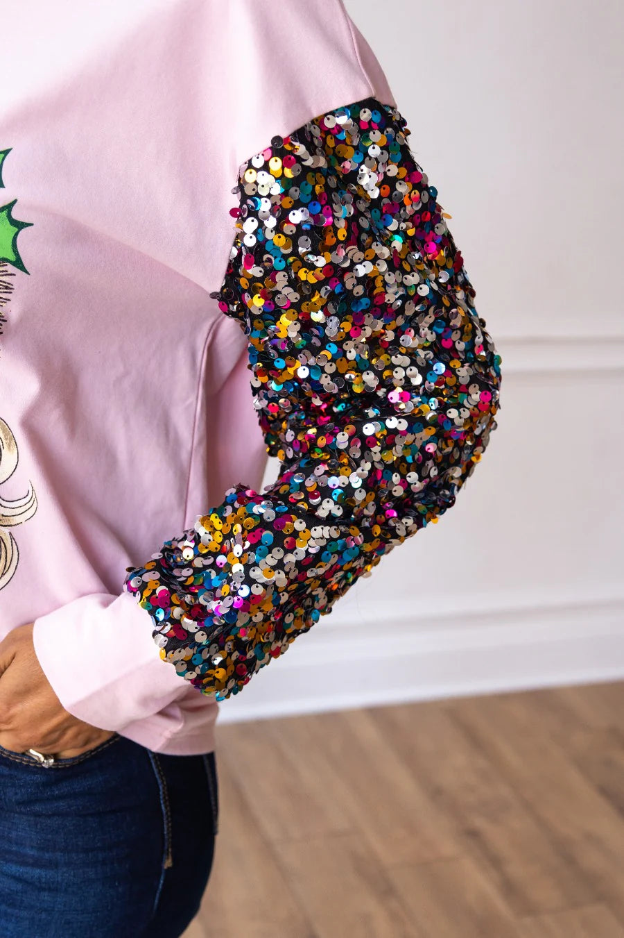 Womens Santa on Pink Sweatshirt with Sequin Sleeves