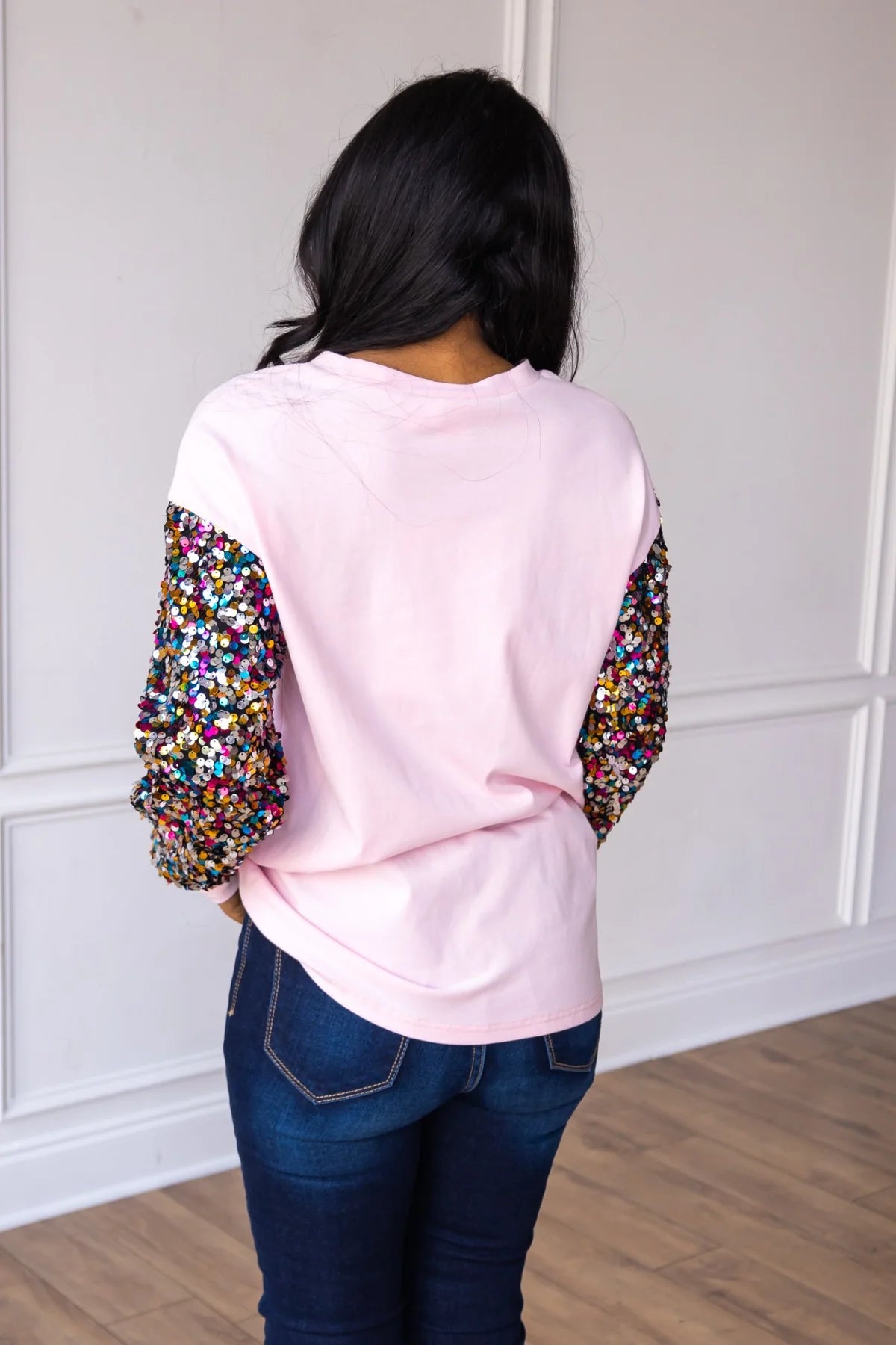 Womens Santa on Pink Sweatshirt with Sequin Sleeves