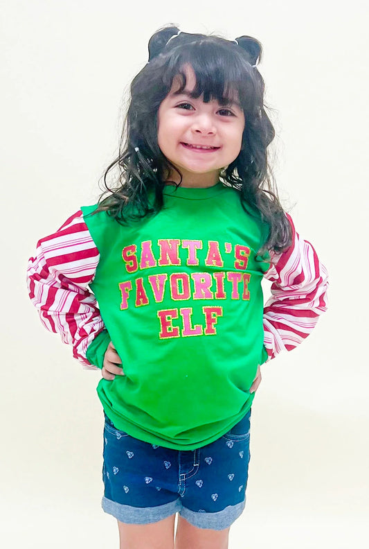 Girls Santa's Favorite Elf Green Candy Cane Girls Top - Green