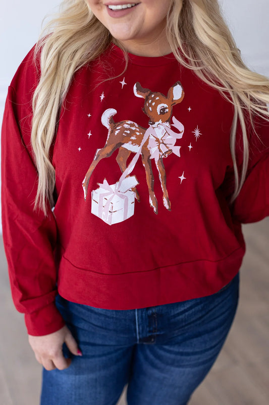 Womens "Deck The Doe" Red Crop Sweatshirt