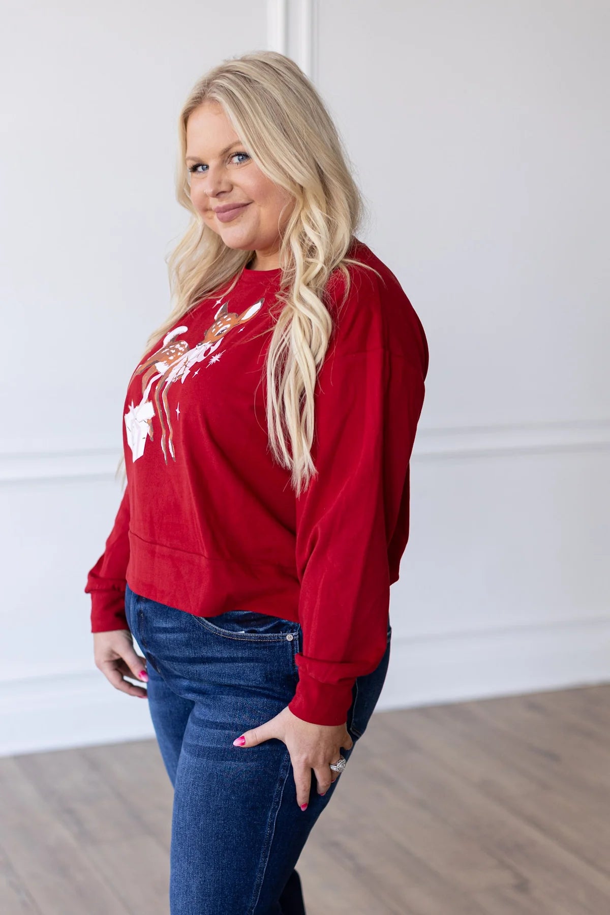 Womens "Deck The Doe" Red Crop Sweatshirt