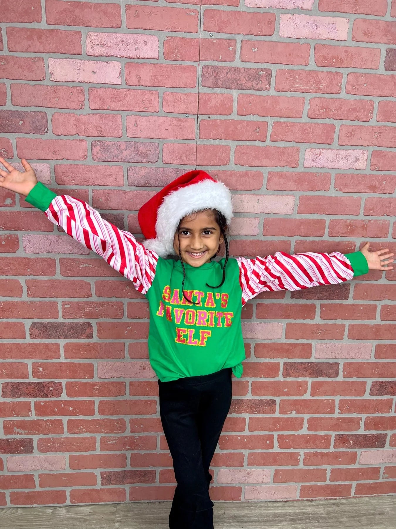 Girls Santa's Favorite Elf Green Candy Cane Girls Top - Green